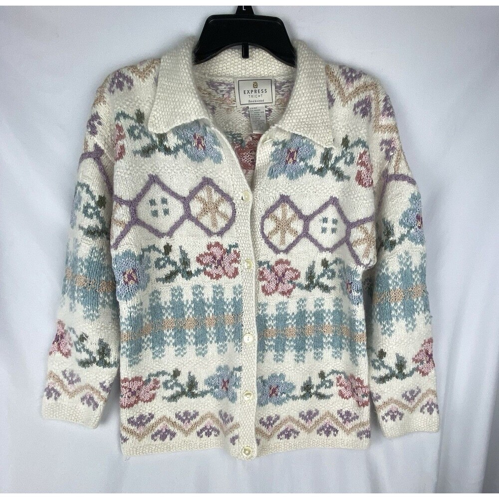 VTG Express Cardigan Women XS Cream Tricot Hand‎ Knit Silk Angora Cottage Soft